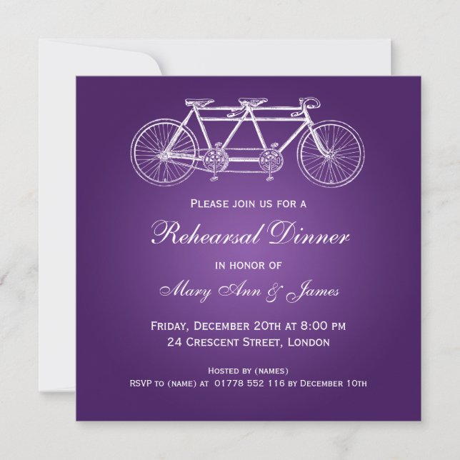 Wedding Rehearsal Dinner Tandem Bike Purple Invitation (Front)