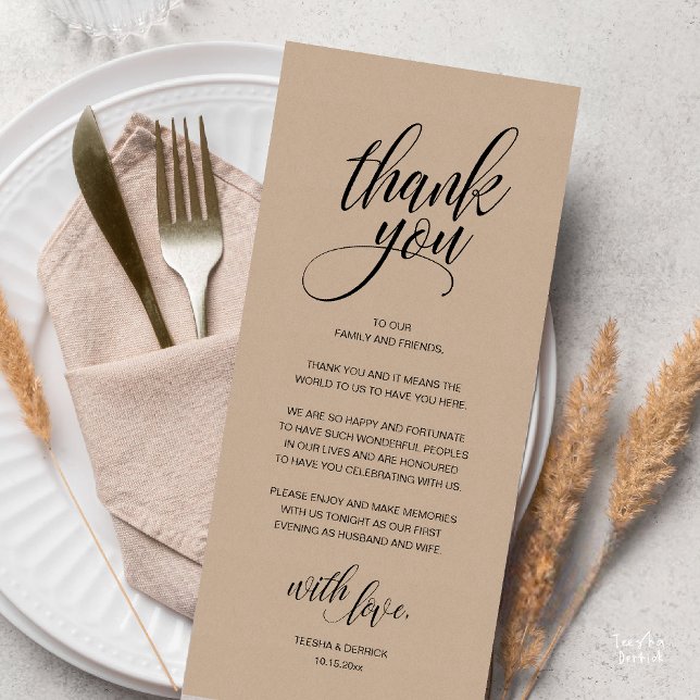 Wedding Rehearsal Dinner Thank You Card (Modern Rustic Wedding Reception Dinner Lunch Brunch Thank You Card Brown Kraft )