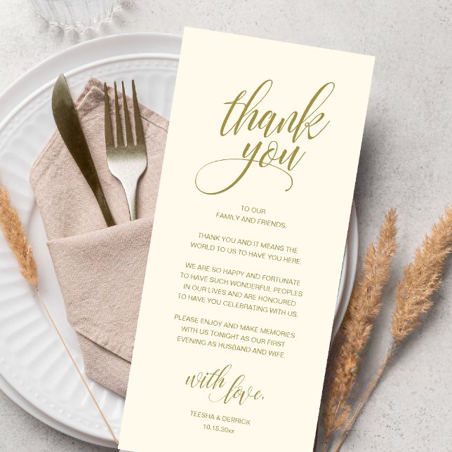 Wedding Rehearsal Dinner Thank You Card (Modern Romantic Wedding Reception Dinner Thank You Card in Yellow Gold)