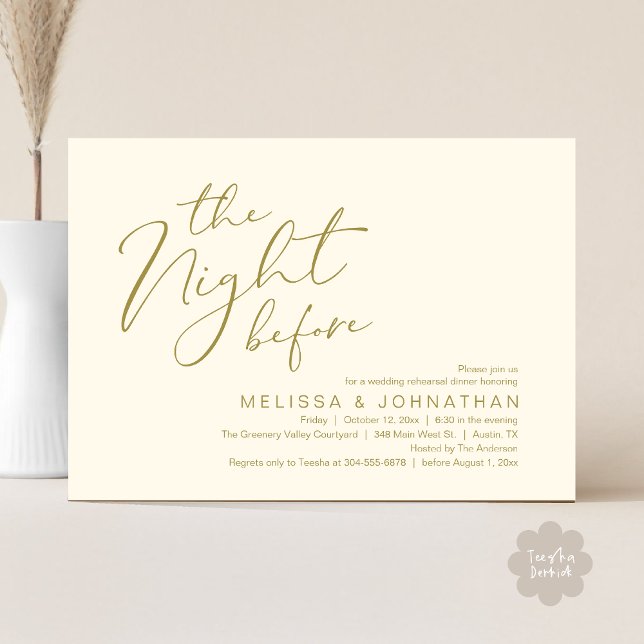 Wedding Rehearsal Dinner The Night Before  Invitation (The Night Before Romantic Modern Wedding Rehearsal Dinner Aesthetic Invites PDF Classy Yellow Gold)