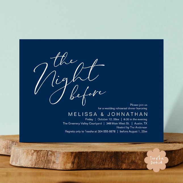 Wedding Rehearsal Dinner The Night Before  Invitation (The Night Before Romantic Modern Wedding Rehearsal Dinner Aesthetic Invites PDF Classy Navy Blue)