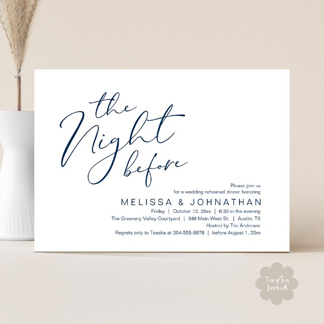 Wedding Rehearsal Dinner The Night Before  Invitation (The Night Before Romantic Modern Wedding Rehearsal Dinner Aesthetic Invites PDF Classy Navy Blue)