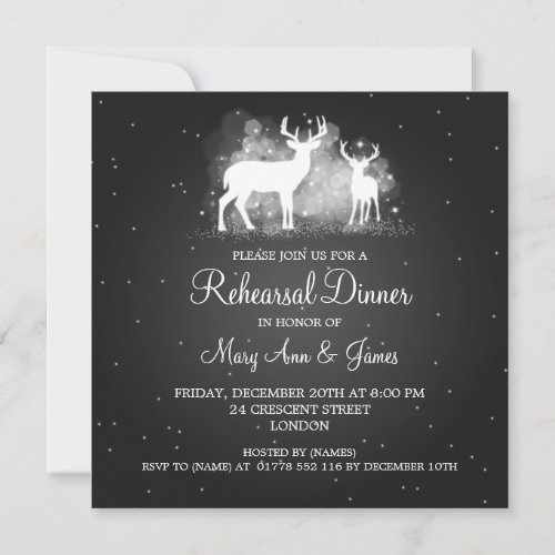 Wedding Rehearsal Dinner Winter Deer Sparkle Black Invitation