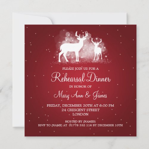 Wedding Rehearsal Dinner Winter Deer Sparkle Red Custom Invites