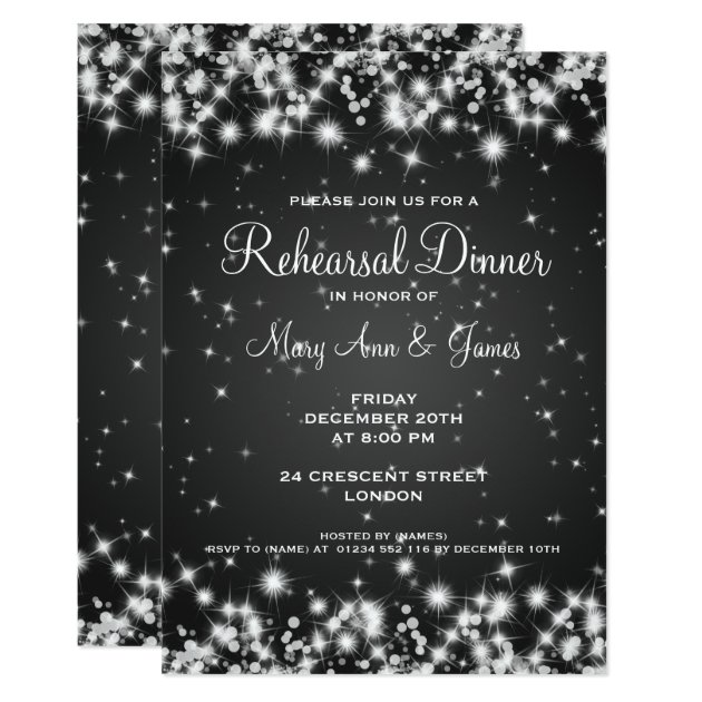 Wedding Rehearsal Dinner Winter Sparkle Black Invitation