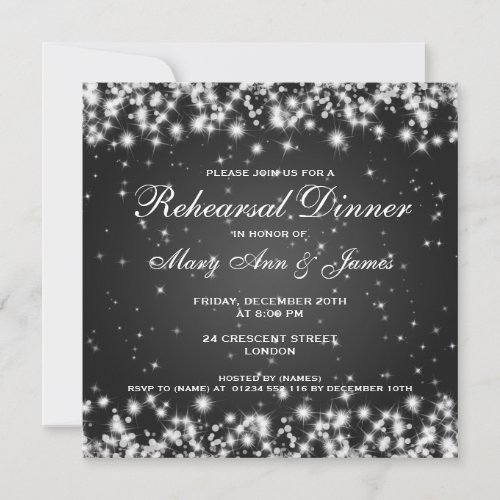 Wedding Rehearsal Dinner Winter Sparkle Black Invitation