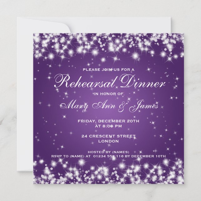 Wedding Rehearsal Dinner Winter Sparkle Purple Invitation (Front)