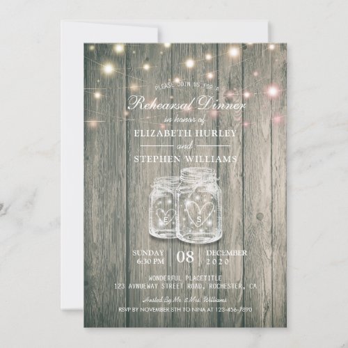 Wedding Rehearsal Dinner Wood Jars String Lights Invitation