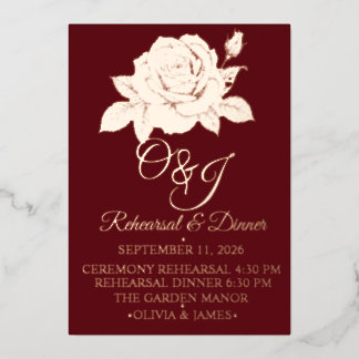Wedding Rehearsal Invitation Burgundy Moody Rose  Foil Invitation