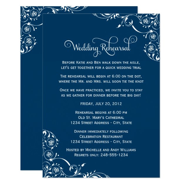 Wedding Rehearsal | Navy Blue Scroll Invitation