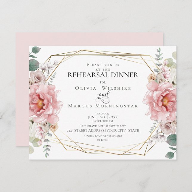 Wedding Rehearsal | Pink Watercolor Peonies Invitation (Front/Back)