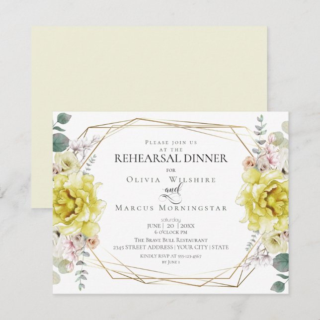 Wedding Rehearsal | Watercolor Yellow Peonies Invitation (Front/Back)