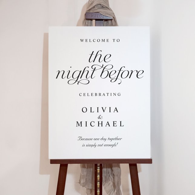 Wedding Rehearsal Welcome The Night Before Sign (Black and white foam board sign reading “the night before,” perfect for rehearsal dinner decor.)