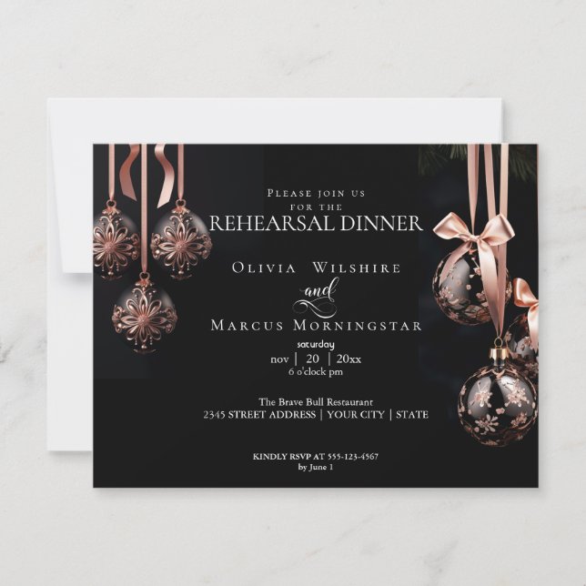 WEDDING REHEARSAL | Winter Pink and Onyx Baubles Invitation (Front)