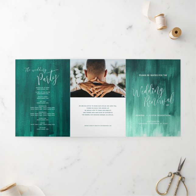 Wedding renewal ceremony emerald green abstract Tr Tri-Fold Program (Outside)