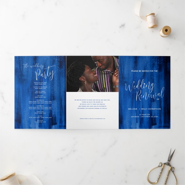 Wedding renewal ceremony sapphire blue abstract Tri-Fold program (Outside)