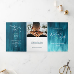 Wedding renewal ceremony teal abstract art Tri-Fold program