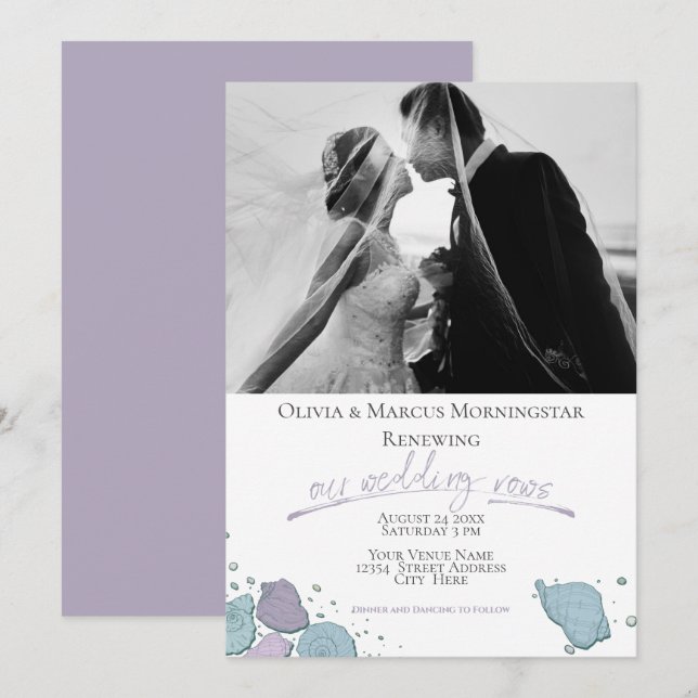 Wedding Renewal Modern Seashell Violet Dusty Blue Invitation (Front/Back)