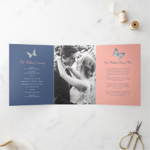 Wedding renewal program blue coral butterflies