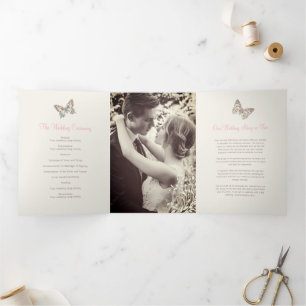 Wedding renewal program brown pink butterflies