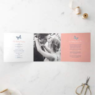 Wedding renewal program coral dark blue butterfly