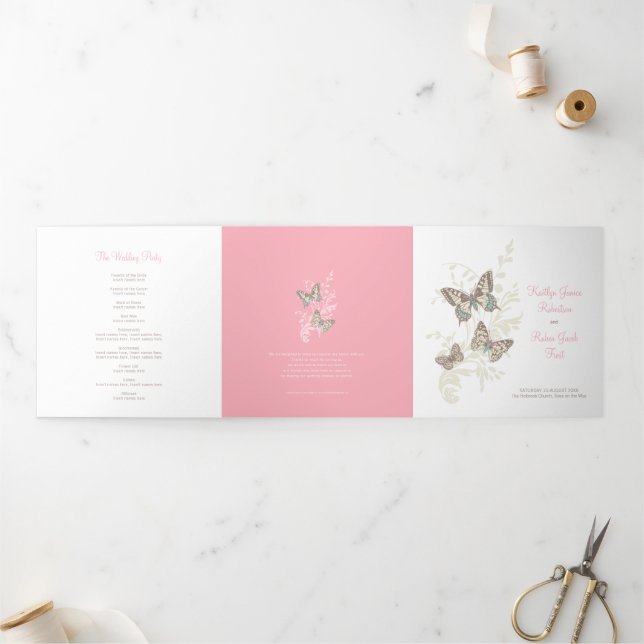 Wedding renewal program pink brown butterflies (Outside)