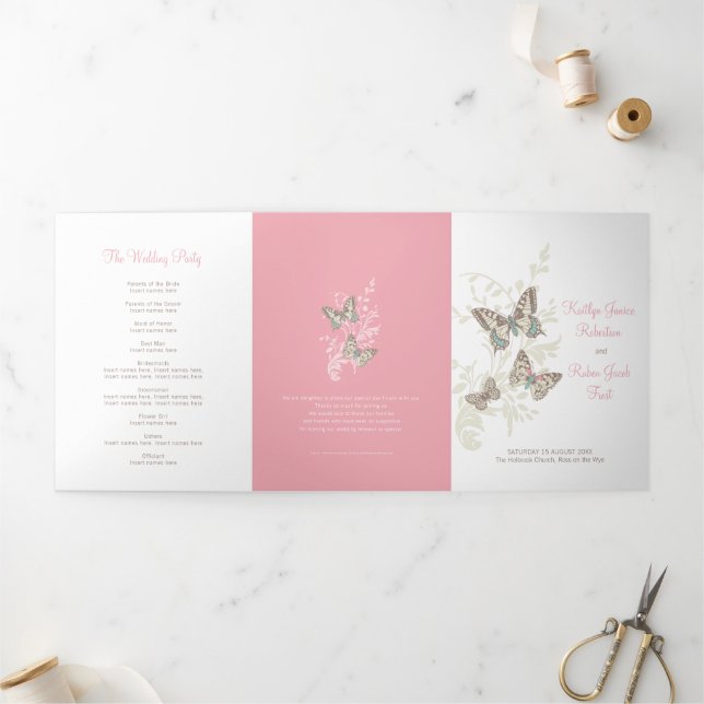 Wedding renewal program pink brown butterflies (Outside)