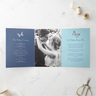 Wedding renewal program shades of blue butterflies
