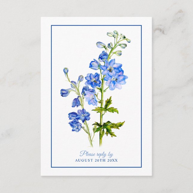 Wedding reply blue delphinium flowers border enclosure card (Front)
