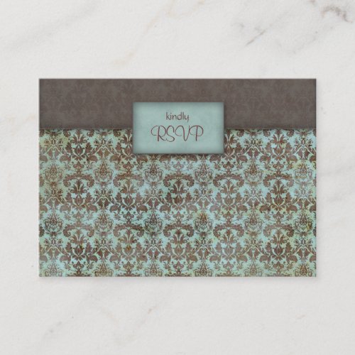 Wedding reply card damask turquoise blue brown business card template