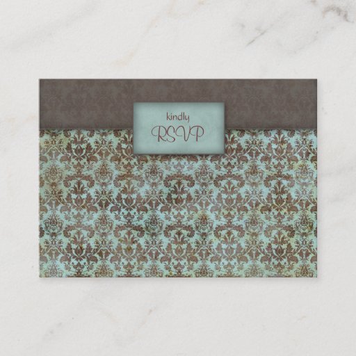 Customizable Wedding reply card damask turquoise blue brown business card template