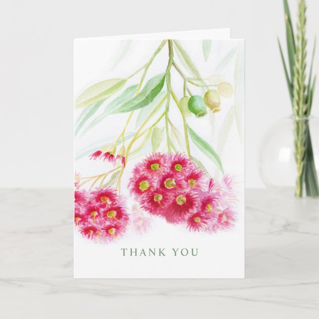 Wedding reply red pink eucalyptus thank you card (Front)