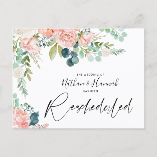 Wedding Rescheduled Blush Pink Floral Changed Date Announcement Postcard