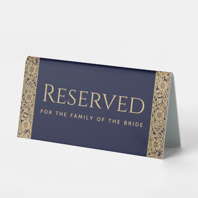 Wedding Reserved Bride Family Navy Blue Gold Roses Table Tent (Front)