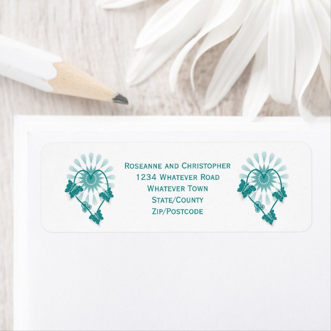 Wedding Return Address Label Teal Butterflies (Insitu)
