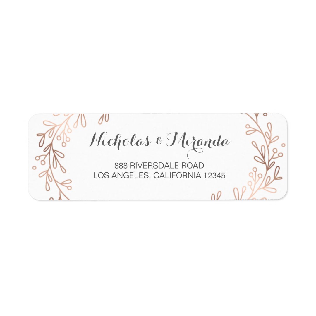 wedding return address labels, laurel, rose gold label Zazzle
