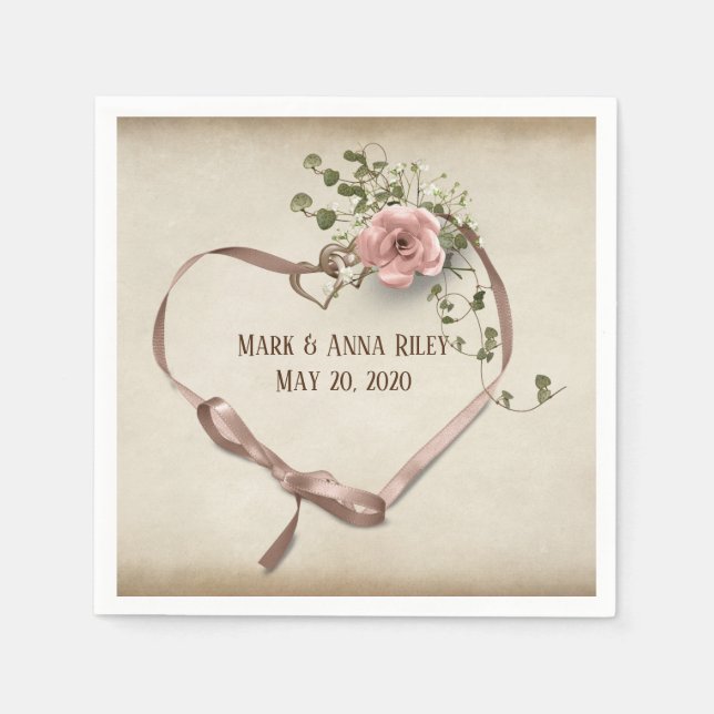 wedding ribbon heart with rings and rose napkins (Front)
