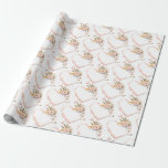 wedding ribbon heart with rose and ivy bouquet wrapping paper<br><div class="desc">pale pink heart ribbon with rose and ivy bouquet and gold rings on white
Background color can be edited.</div>