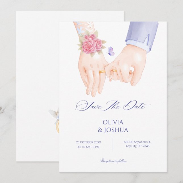 Wedding ring holding hands soft elegant wedding save the date (Front/Back)