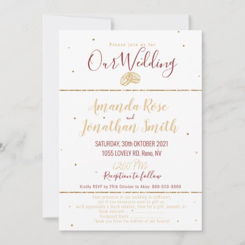 Wedding ring invitation gold glitter and burgundy