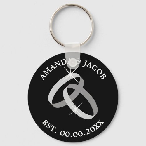 Wedding ring keychain with date and couples name