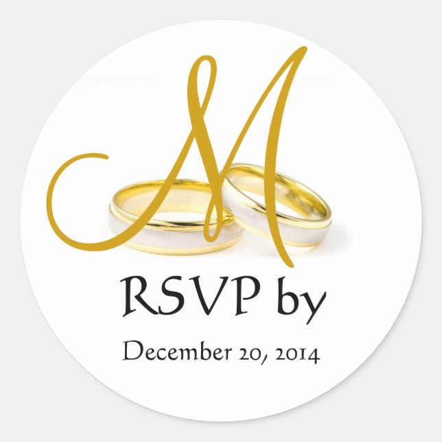 Wedding Ring Monogram RSVP Stickers Gold (Front)