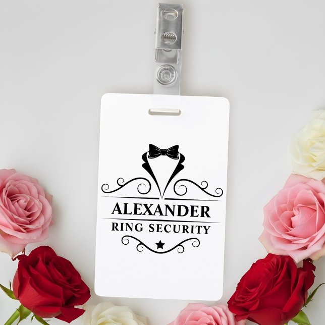 Wedding Ring Security Black Tuxedo Tie  Badge (Customize to change text size, style or color.)