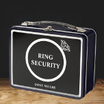 Wedding Ring Security Ring Bearer Diamond Metal Lunch Box<br><div class="desc">Introducing the perfect accessory for your wedding day - the Ring Security Box for your Ring Bearer! Our stylish black and white design, complete with a sparkling diamond ring and custom name, will ensure your ring bearer looks the part. Whether you're planning a traditional or modern wedding, the Ring Security...</div>