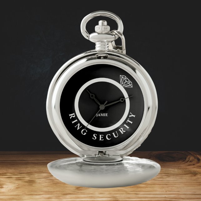 Wedding Ring Security Ring Name Favor Pocket Watch (wedding ring security gift pocket watch custom name stylish black and white ring bearer gift)