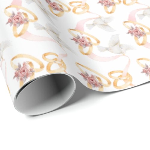 Wedding Rings and Birds Watercolor Wrapping Paper