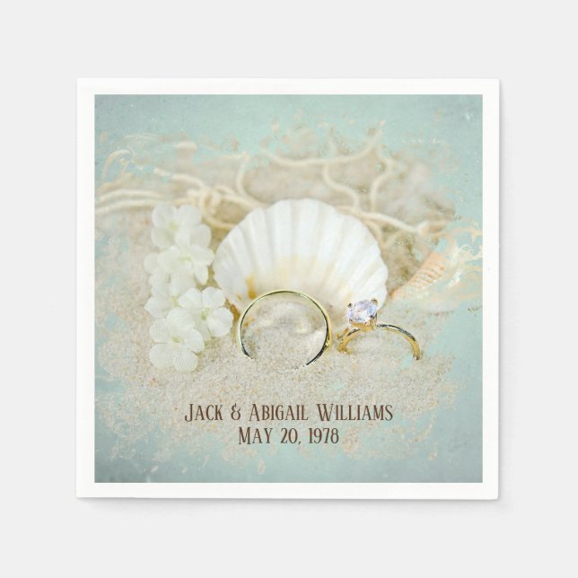 Wedding Rings and Seashells in Sand Napkins (Front)