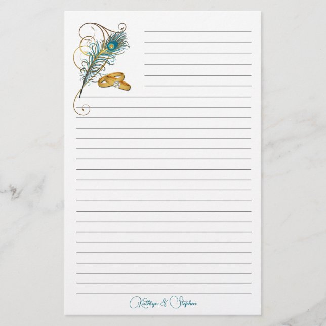 Wedding Rings and Teal Peacock Feather Lined Stationery (Front)