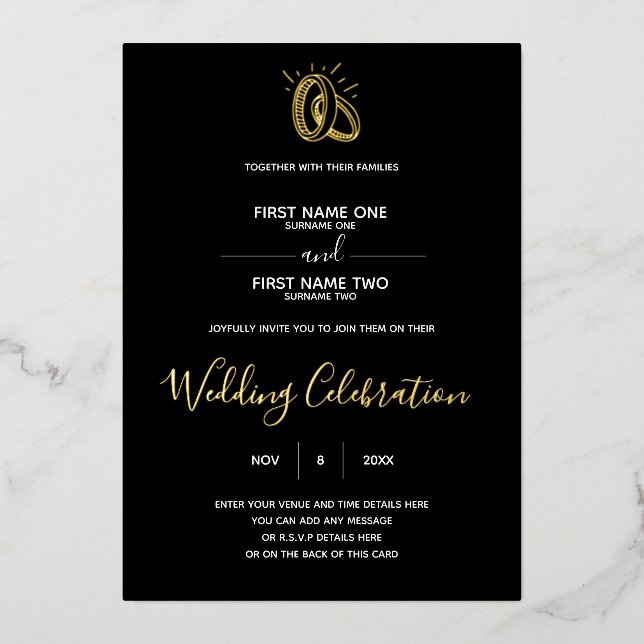 Wedding Rings Black Minimalist Invitation Foil (Front)