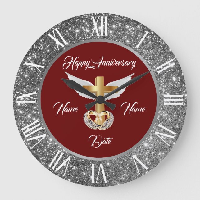 Wedding Rings Customize Silver Cross Anniversary Large Clock (Front)
